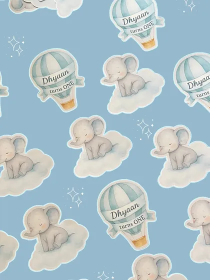 I designed this custom wrapping paper featuring sleepy elephants on clouds and hot air balloons for the birthday boy's return gifts.