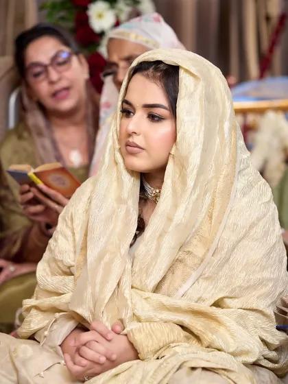 My client Anji looking absolutely surreal and serene during her prayer ceremony. The soft, minimal makeup allowed her natural beauty and the peacefulness of the moment to shine through.