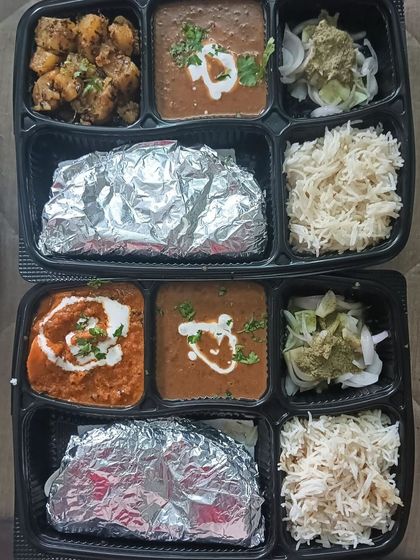 Two different thali options for the day. One with dal makhni and chaap masala, and the other with dal makhni and jeera aloo. Variety is key in my kitchen.