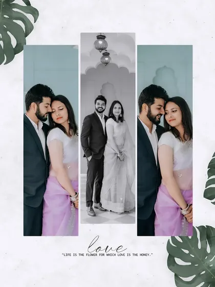 A stylish collage showcasing a couple in our elegant arched corridor. The mix of color and black-and-white photos highlights the versatility of the space for creating different moods.