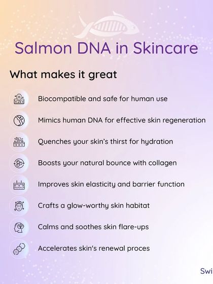 This graphic explains what makes Salmon DNA so great for skincare. It's biocompatible, mimics human DNA for effective regeneration, quenches the skin with hydration, and boosts collagen for improved elasticity and a healthy glow.