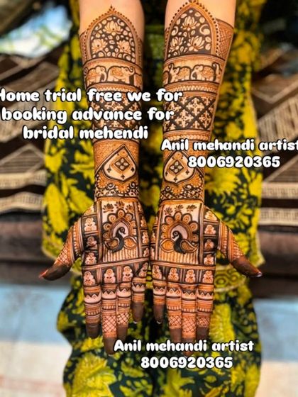 This design features elephants and peacocks, two of the most loved motifs in bridal mehendi. The bold patterns create a very festive and eye-catching look.