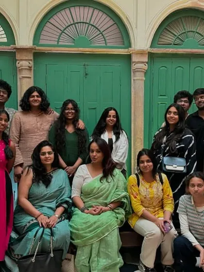 A group photograph with students in the courtyard of Kathika, a restored haveli in Old Delhi. These workshops provide a unique opportunity for students to learn about heritage conservation in an inspiring, real-world setting.