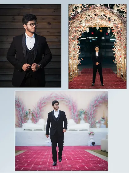 A collage dedicated to the groom's reception look. It showcases his sharp tuxedo in different settings, from a formal portrait to his grand entrance.
