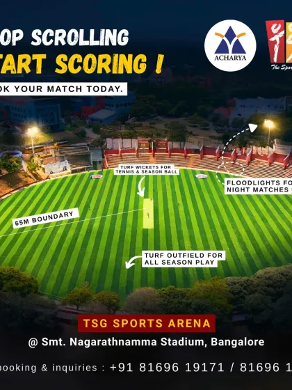 We build facilities that feel like a professional league. This is our TSG Sports Arena at Smt. Nagarathnamma Stadium in Bangalore, a full-scale cricket ground complete with a 65m boundary, turf wicket for season ball play, and powerful floodlights for night matches.