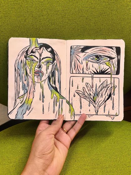 A sketchbook spread featuring a melting, dripping figure.