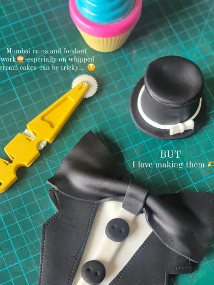 Making fondant details like this tuxedo topper can be tricky, especially during Mumbai's rainy season, but I love the challenge and the sharp result.