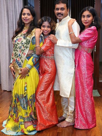 My prestigious client looks absolutely beautiful flaunting this mythological concept Kalamkari lehenga. The vibrant yellow skirt is hand-painted with intricate scenes, and I've paired it with a full-sleeve blouse and a contrasting dupatta.