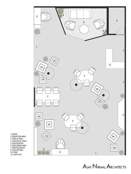 The architectural floor plan for the 104 sq.m Trustlam '23 exhibition stall. The drawing shows the placement of the abstract lamp post structures, discussion areas, and display walls within the open-concept corner space.