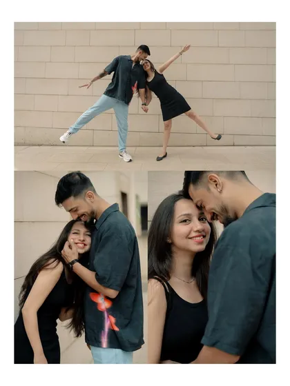 This collage combines a fun, playful pose with intimate, smiling close-ups. It demonstrates the variety of shots you can expect from a single session, capturing both your fun and romantic sides.