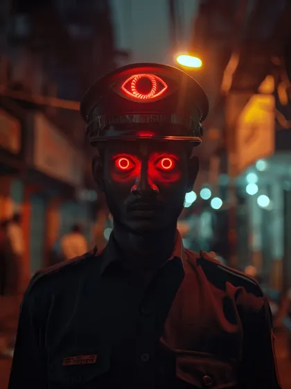 The 'KarmaKeeper', a supernatural police officer who judges guilt and executes punishment instantly with his three-eyed array. This character was inspired by a nightmare.