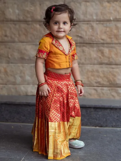 For the little fashionistas. I design comfortable and adorable ethnic wear for children, like this custom brocade Langa Dhawani for a client's precious little one.