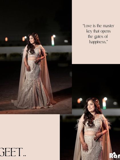 A beautiful collage of the bride on her engagement day. The mix of full-length and close-up shots, combined with elegant text, creates a magazine-style layout that celebrates her grace.