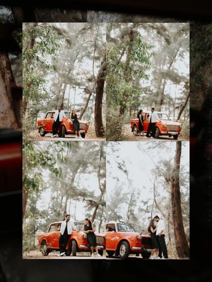 A four-panel grid showing various poses with the vintage car, demonstrating the creative possibilities of a concept shoot.