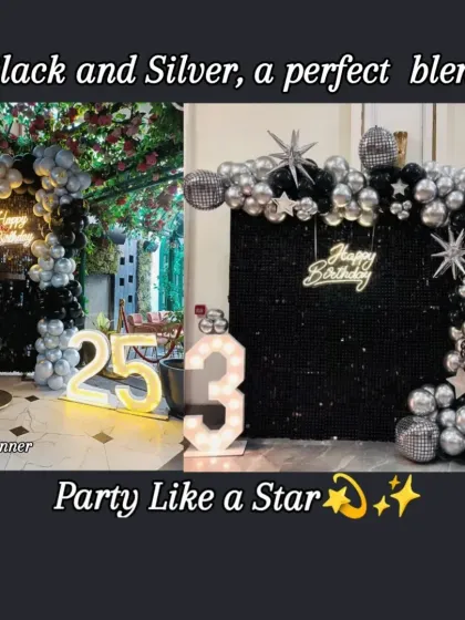 A perfect blend of dark and dazzling. This collage showcases two different glamorous setups, one with a black sequin wall and another in a beautiful cafe, both featuring marquee numbers and neon signs. It demonstrates my versatility in creating chic party atmospheres.