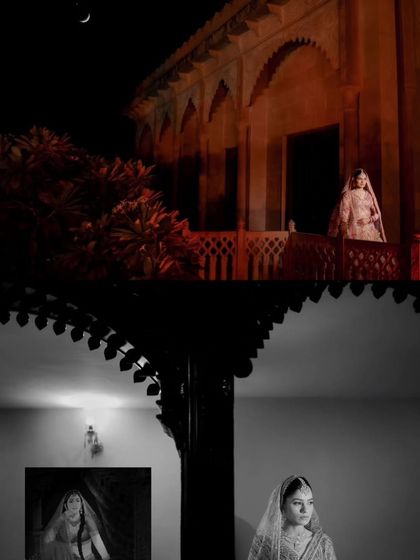 A collection of artistic bridal portraits, mixing color and monochrome to showcase the bride's elegance against a royal backdrop.