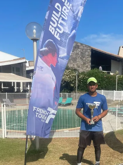 Taking our success international. Our player Omar Sumar holds his trophy after winning the TMC Open, a French National Ranking Tournament, at our academy in Cap d’Agde.
