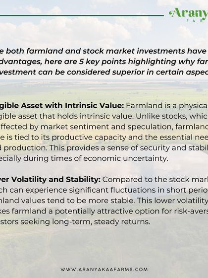 This infographic details why farmland can be a superior investment to the stock market. It highlights the benefits of owning a tangible asset with intrinsic value and experiencing lower volatility, providing security during economic uncertainty.