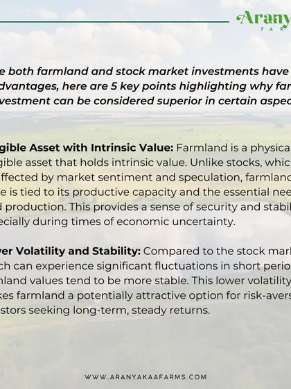 This infographic details why farmland can be a superior investment to the stock market. It highlights the benefits of owning a tangible asset with intrinsic value and experiencing lower volatility, providing security during economic uncertainty.