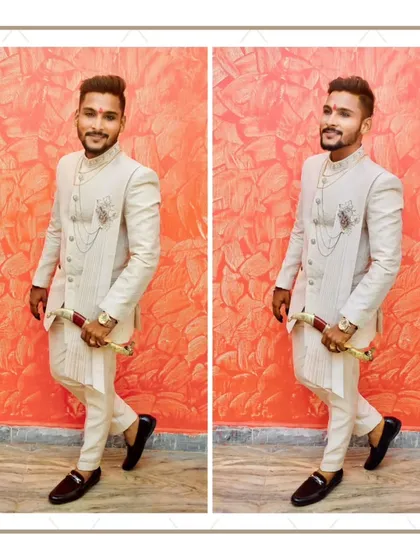 Be the groom that looks his regal best. This client is wearing a classic off-white Jodhpuri suit with a brooch and a ceremonial sword for a truly royal look.