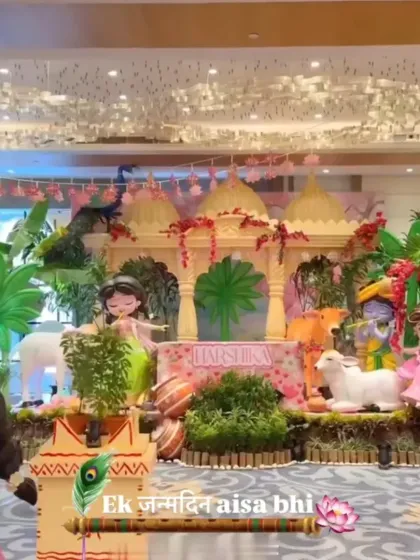 A grand and divine stage setup for a Krishna-themed party, depicting scenes from Vrindavan with beautiful character models and lush greenery.