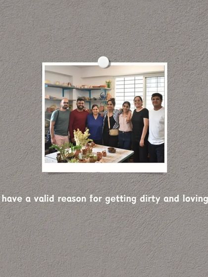 A group photo of happy students. Pottery is a great excuse for getting dirty and loving it.
