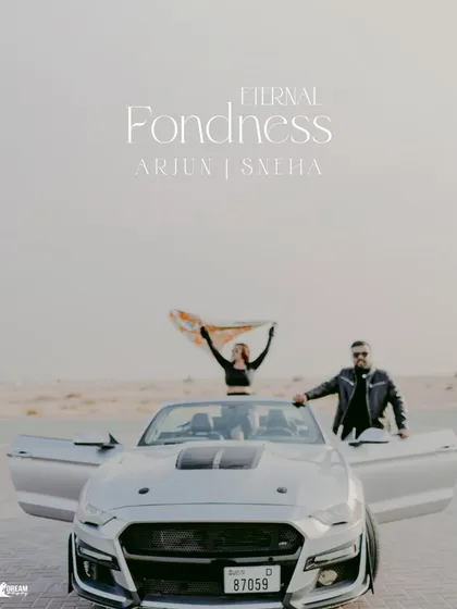 Modern love meets vintage power. This shot with a classic convertible in the desert is for couples who want a pre-wedding shoot with style, attitude, and a touch of editorial flair.