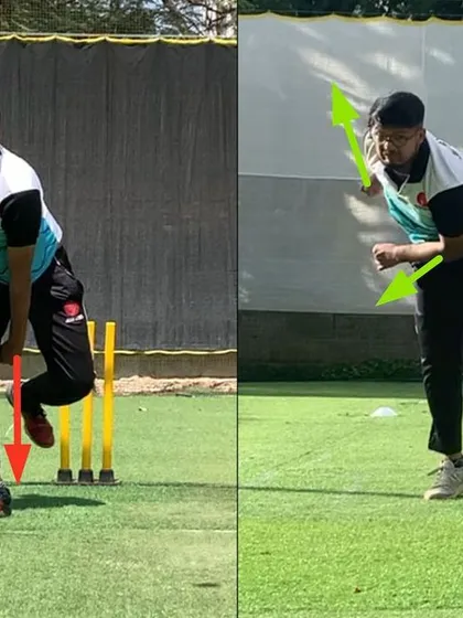 Building a left-arm wrist spinner's action from the basics. We addressed the lack of front leg control and body collapse, resulting in a much stronger and more upright finish.