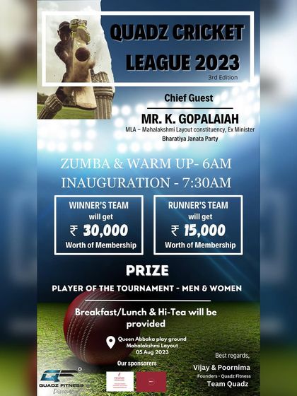 The official poster for our Quadz Cricket League 2023. This annual event is a highlight for our members, with prizes and a full day of friendly competition for men and women.