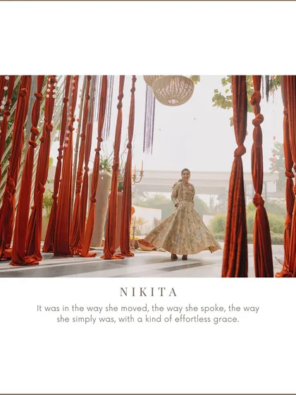 Nikita's graceful portrait amidst the vibrant decor of her Haldi ceremony. The text overlay adds a poetic touch, describing her effortless elegance.