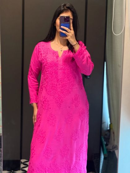 A bright pink chikankari kurti. I encourage my clients to embrace color and find pieces that make them happy.