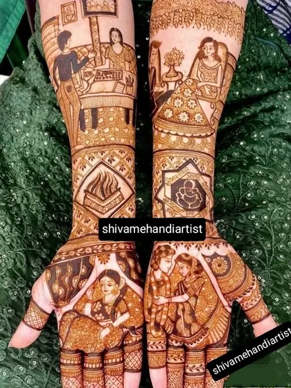 A unique story mehendi that illustrates scenes from the couple's life, including family moments and personal interactions, creating a beautiful narrative.