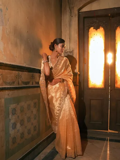 A full-length shot of the golden tissue saree, its shimmer captured beautifully in the warm light, creating an aura of timeless elegance.