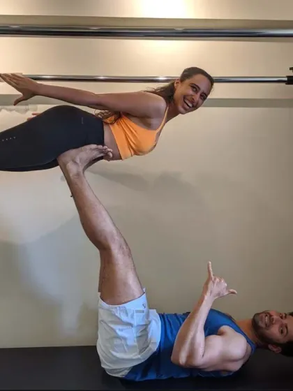 This advanced partner acro-yoga pose with Namrata and Varun Dhawan is built on trust, balance, and immense core strength from both partners. It’s a playful yet powerful way to challenge stability and coordination.