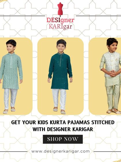 Get your kids' kurta pajamas stitched with us. This image shows a variety of styles, from simple printed sets to more formal ones with a Nehru jacket.