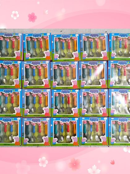 More of the popular Peppa Pig cutlery sets, showing the consistent quality and packaging for a large order.