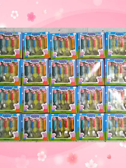 More of the popular Peppa Pig cutlery sets, showing the consistent quality and packaging for a large order.