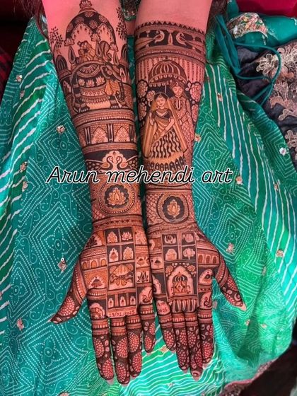 This intricate design includes a grid of symbols on the palms and a doli scene on the forearms.