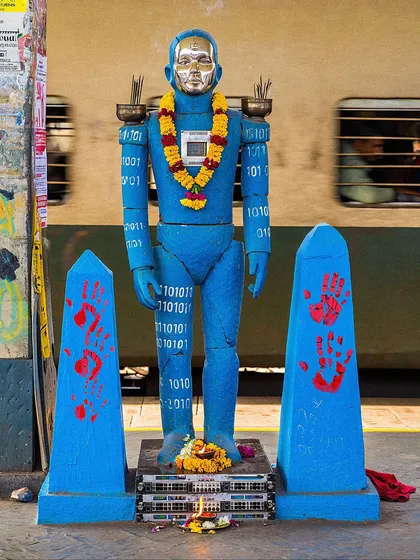 A blue robot deity from the 'Shrines of the Large Language Mystics' series, set up on a railway platform as a train speeds by.