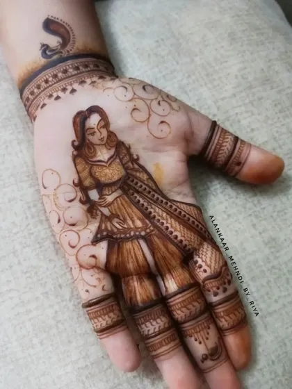 A modern engagement design featuring a stylishly dressed bride figure on the palm, surrounded by simple, elegant swirls.