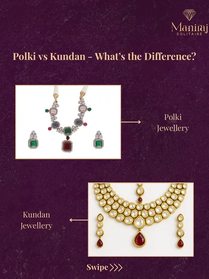 A simple visual guide to tell Polki and Kundan jewellery apart. Polki uses real uncut diamonds, giving it a natural sparkle, while Kundan traditionally uses glass or gemstones set in gold foil.
