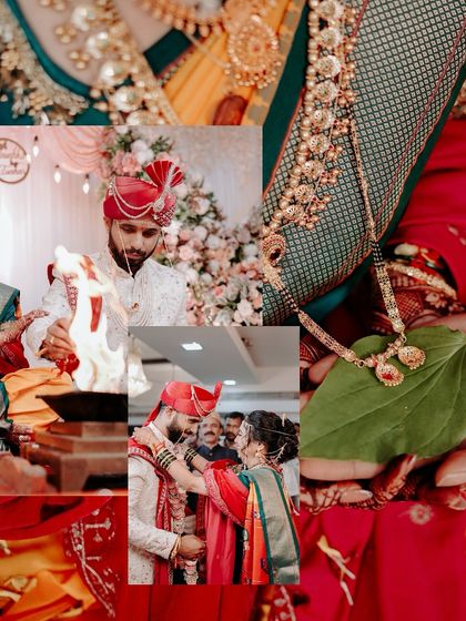 A collage focusing on the sacred rituals. It shows the groom performing rites at the holy fire and the tying of the mangalsutra, along with a close-up of the intricate necklace itself, a symbol of their union.