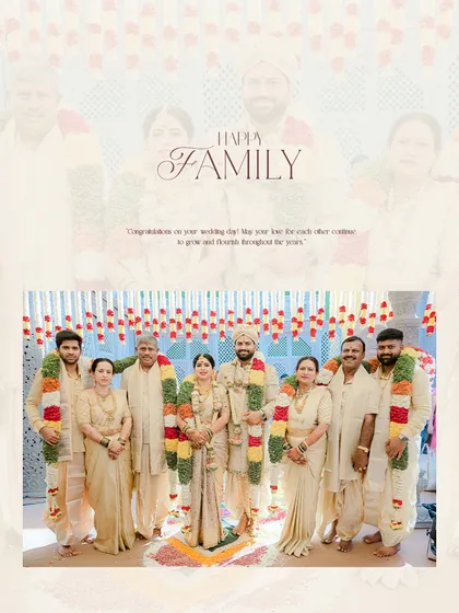 Creating coordinated looks for the entire family is one of my greatest joys. Here, you can see the bride, groom, and their loved ones all dressed in custom-designed cream and gold ensembles for a unified and beautiful family portrait.