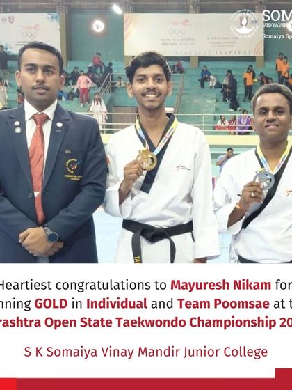 Mayuresh Nikam stands on the podium after winning gold in both Individual and Team Poomsae at the state taekwondo championship.