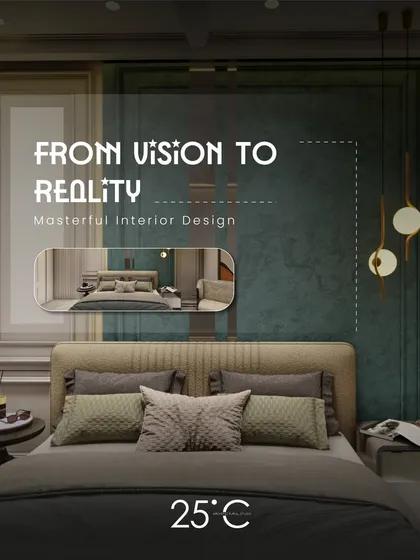 A marketing graphic illustrating our philosophy of turning vision into reality. The design showcases a mirror reflecting the completed space, emphasizing our ability to bring masterful interior designs to life.