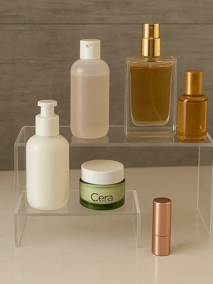 Elevate your vanity with a simple tool. This acrylic riser creates multiple levels for your skincare and perfumes, turning a flat surface into a beautiful and organized display.