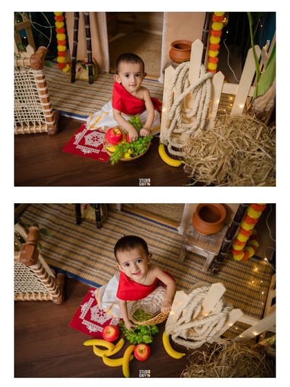 Two views of the baby enjoying the fruits and colors of the Pongal festival set.