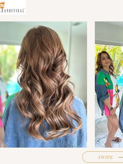 This client's reflection shows her enjoying the final look. The warm, honey-toned balayage gives her hair a healthy, radiant glow.