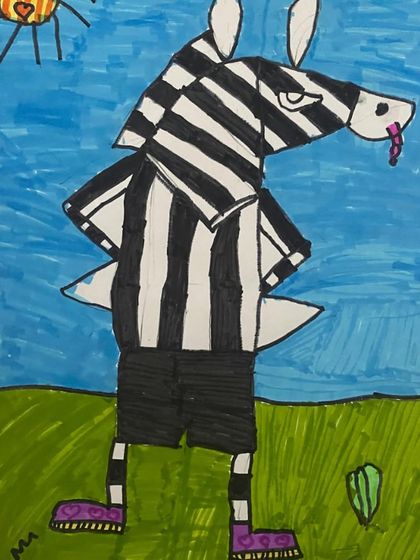 A zebra dressed as a referee. This humorous character combination is a fun way for students to practice drawing patterns and human-like poses on animals.
