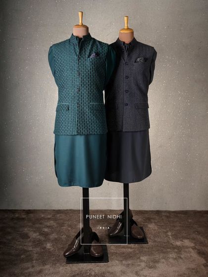 My Pathani suit range with jackets, here in shades of teal and navy. These ensembles are perfect for evening celebrations, offering both comfort and style.